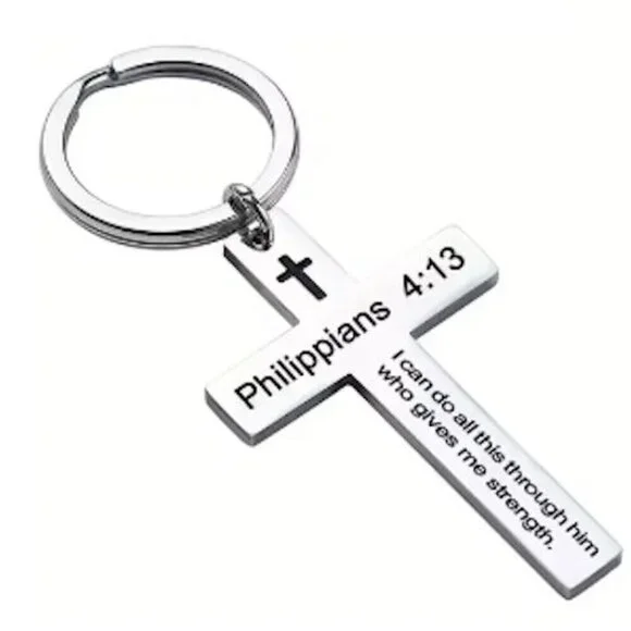 Philippians 4:13 Silver Cross Keychain I can do all this through him Jesus - NEW
