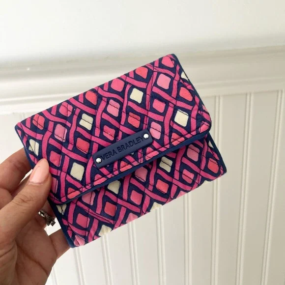 Vera Bradley Pink and Navy Geometric Quilted Wallet Tri Fold Katalina Diamond