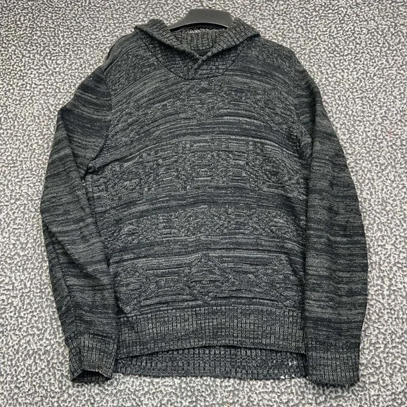 American Rag Sweater Men Medium Black Gray Marled Knit Hooded Pullover Cotton M
