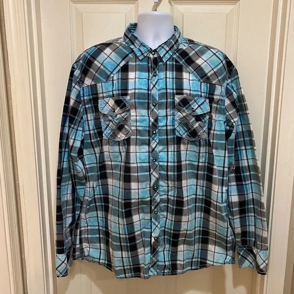 BKE Vintage 67 Athletic‎ Fit Plaid Pearl Snap Western Long Sleeve Teal/Black XXL
