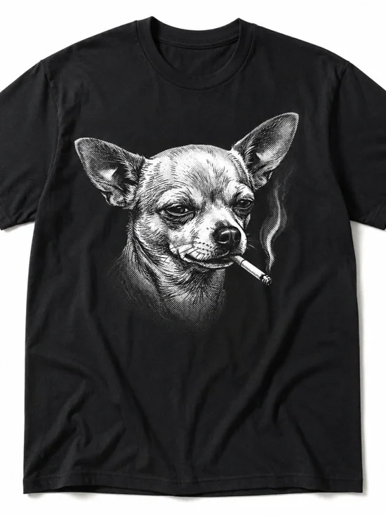 Gildan Black Tee with White Smoking Chihuahua Illustration