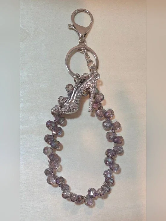 💎 NEW Cinderella Crystal Stiletto Rhinestone Keychain Smokey Bead Purse Charm