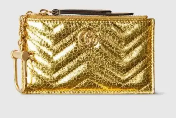 Gucci GG Marmont Key Case Gold Metallic Crinkle Leather Double G NIB