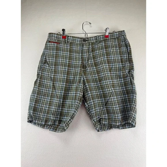 Tommy Bahama Plaid Shorts Mens 34 Green Linen Tencel‎ Blend Casual Summer