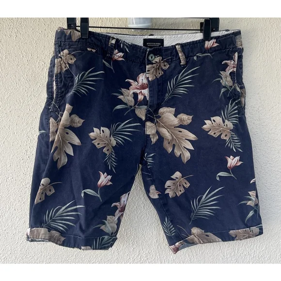 Scotch & Soda Men’s 34 Navy Blue Aloha Tropical Floral Patterned Shorts Resort