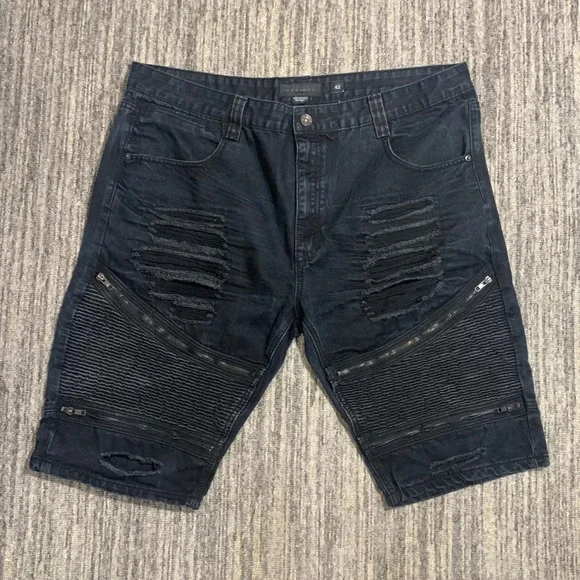 Decibel‎ Distressed Ripped Denim Moto Shorts Zippers Black Mens Size 42
