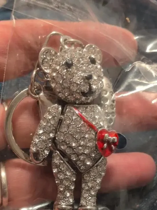 Crystal Bear Keychain Bag Charm Red Heart Gold Tone
