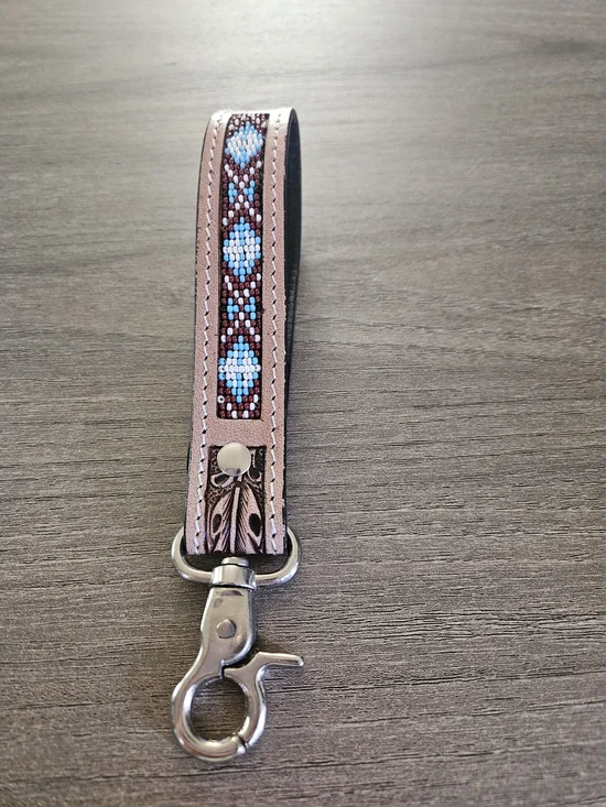 Beaded Tooled Leather Wristlet Keychain