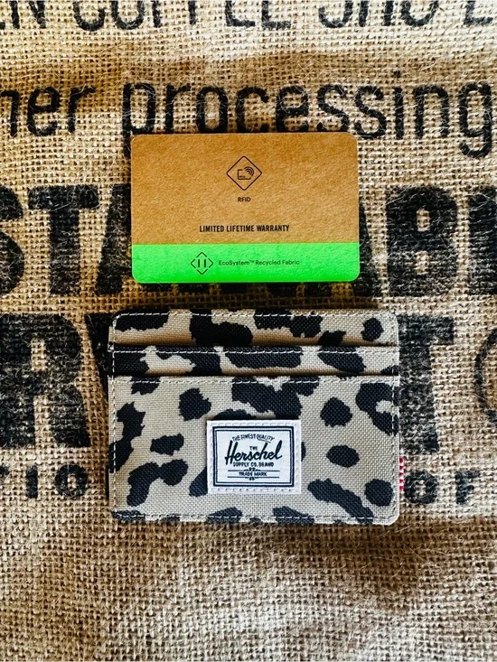 HERSCHEL Leopard Print Card Wallet in Beige and Black