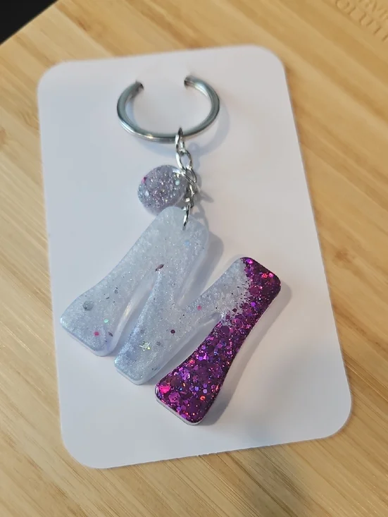 Handmade Spatkle Resin Keychain with Charm, Letter M.