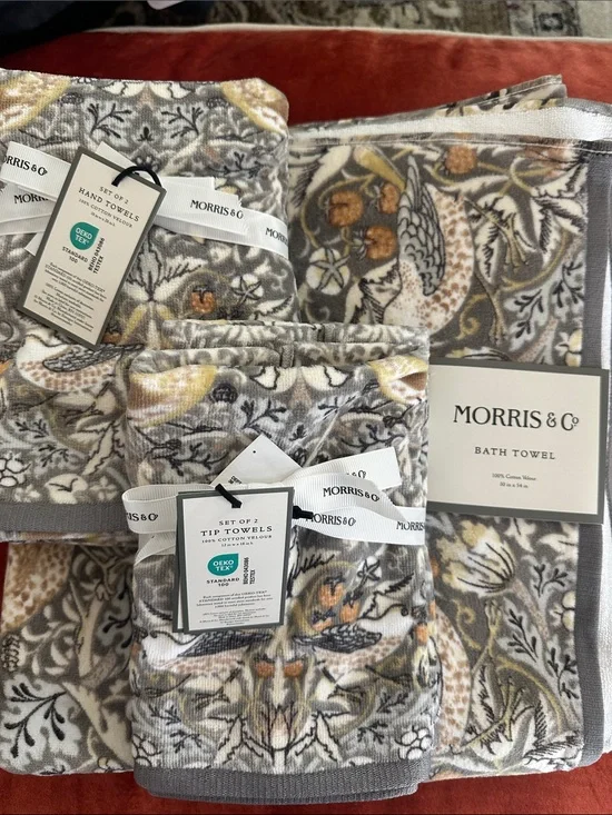 6 pc Morris & Co Strawberry Thief Bird & Floral Bath Hand Tip Towel Set