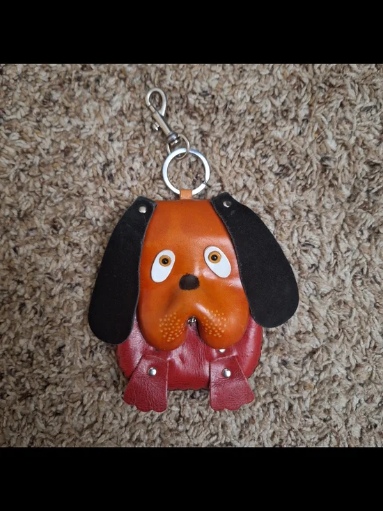 Vintage Genuine Leather Hawaii Dog Keychain Coin Pouch Charm - Burgundy