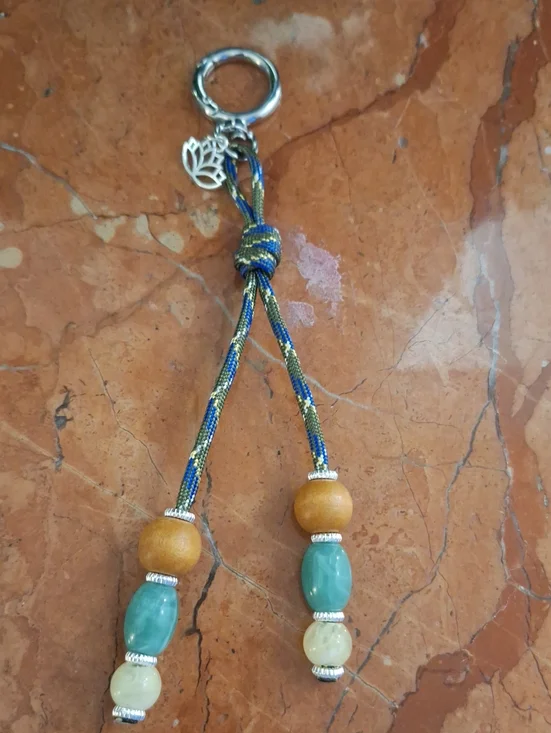 Beaded Tassel Keychain Bag Charm with Lotus Charm - Teal, Wood & Cream