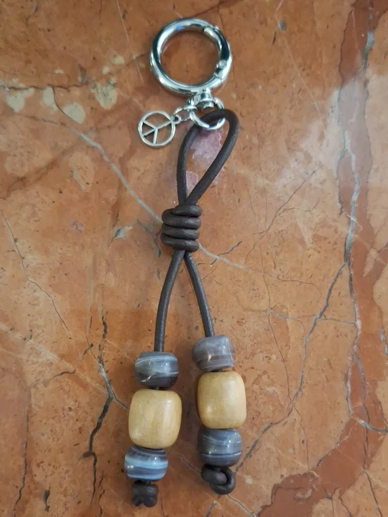 Beaded Leather Keychain with Peace Charm - Brown, Beige, Gray