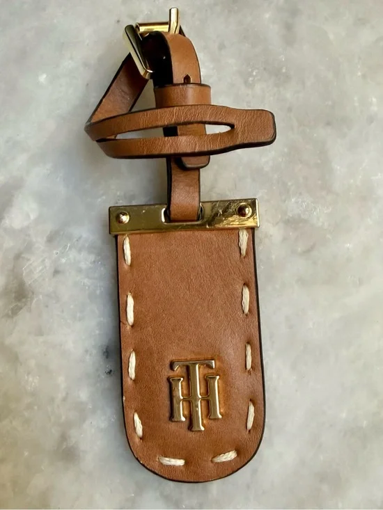 Tommy Hilfiger Brown Leather Luggage Tag Buckle Strap Gold-Tone TH Monogram