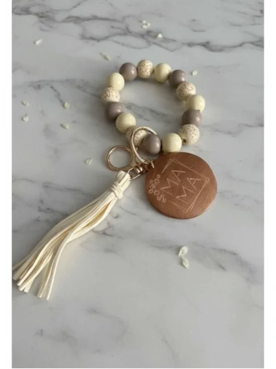 Mama Wood Bead Wristlet Keychain Bracelet Tassel Key Ring New
