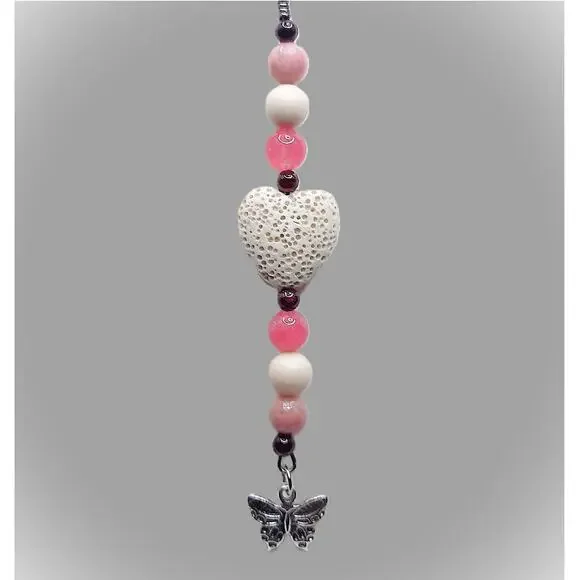 Handmade Butterfly Bag Charm Beaded Pink Cream Diffuser Keychain Lava Heart NEW