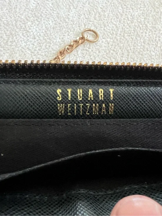 Stuart Weitzman Black Leather Card Holder with Gold Accents