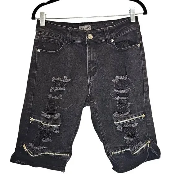 BLACK Label Jean Short Men's 30 Cotton‎ Ripped Zipper Denim Bermuda