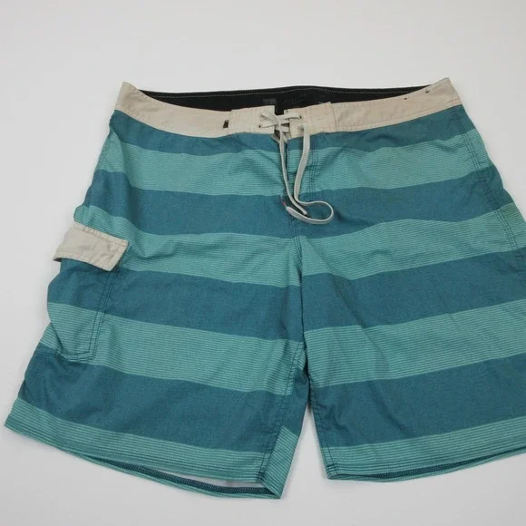Quiksilver Board Shorts Mens 38 Blue‎ Green Striped Surf Swim Trunks Stretch