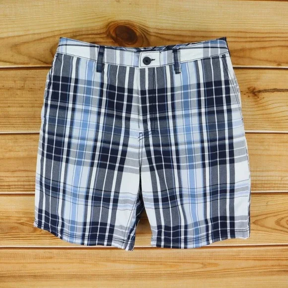 Croft &‎ Barrow Casual Shorts Flat Front Mens Size 33 Blue Plaid 100% Cotton