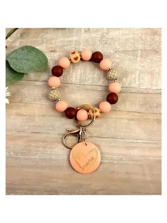 Mama Pink Brown Beaded Keychain Bracelet