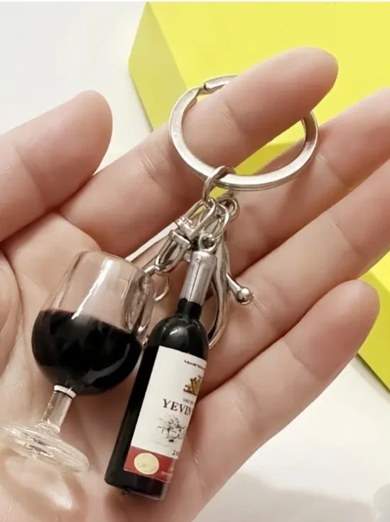 Wine Bottle & Glass Keychain Charm - Black and Clear