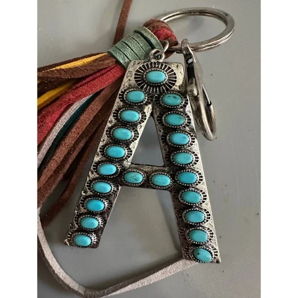 Western Initial A Keychain Turquoise Stone Silver Tone Tassel Bag Charm Boho