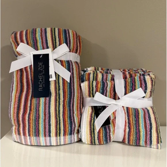 Set of 7 Rachel Zoe Striped Rainbow Multicolored 2 Hand Towels & 5 Washcloths