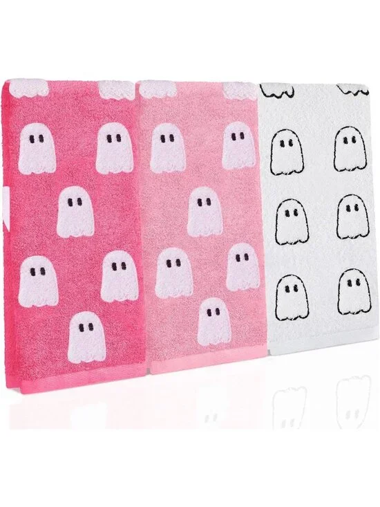 3 Pcs Pink Ghost Hand Towels - 100% Cotton Halloween Decor, Cute Kitchen Gifts