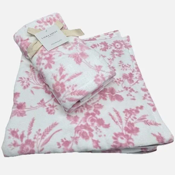 4pc Laura Ashley Pink Toile Floral Velour Bath Hand Towel Set Flowers NEW