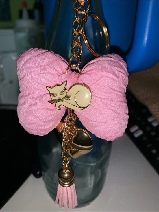 Handmade Cat Bow purse/bag charm keychain with heart and tassel