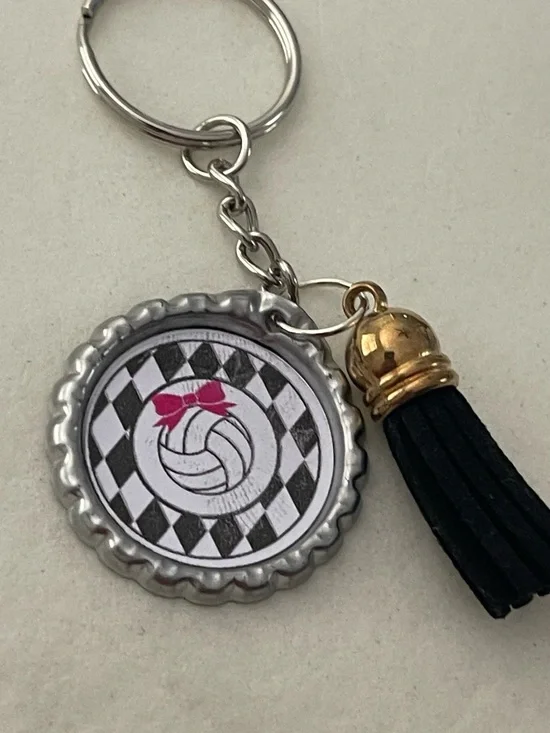 Silver Bottle Cap Volleyball Charm Keychain with Pink Accent