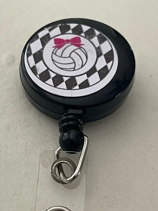Black Round Retractable Badge Reel with Pink Bow Volleyball Graphic
