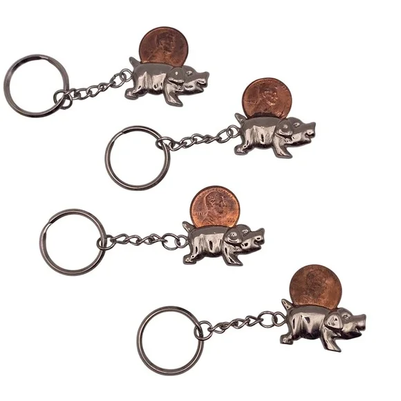 Vintage Style Silver Tone Pig Keychain Set of 4 with Lucky Penny Slot Novelty