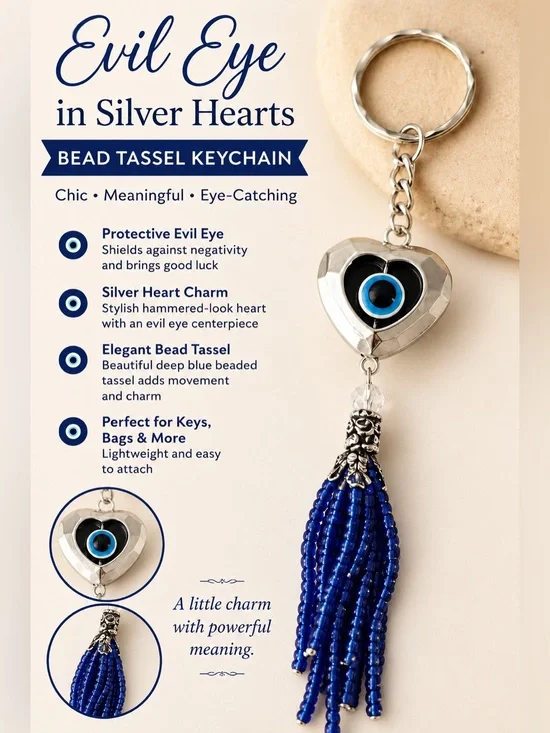 Evil Eye Silver Heart Keychain with Blue Bead Tassel