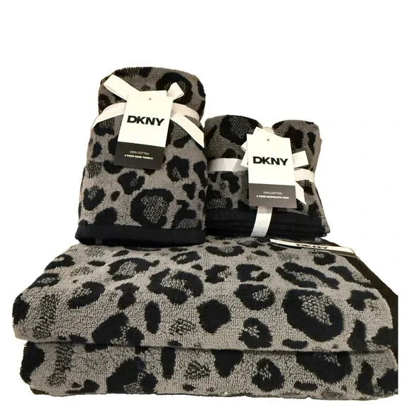 8-NWT DKNY GRAY LEOPARD  DESIGN THICK LUXE TOWELS SET