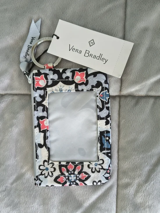 Vera Bradley Floral ID Window Wristlet Keyring — Black, White, Pink & Blue
