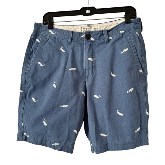 Abercrombie‎ & Fitch Mens Blue Whale Print Chino Shorts Size 32 Preppy Summer