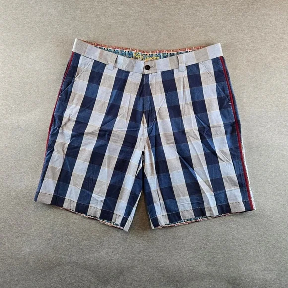 Robert Graham Plaid Shorts Mens 38 Blue Gray Striped‎ Designer Embroidered Hem