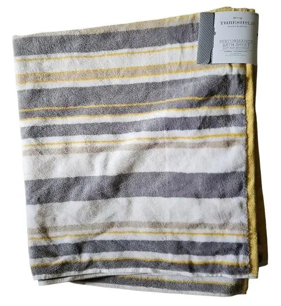 NWT Threshold Performance Striped Yellow Gray Bath Sheet 33 x 63 Oeko-Tex
