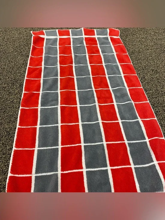 Vintage 1980s HF J’aime Bath Towel - Made West Germany- Red & Gray Windowpane