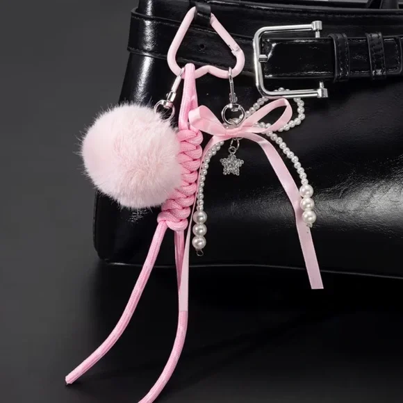 NEW Elegant Pink Fur Keychain with Pom Pom and Bow Pearls