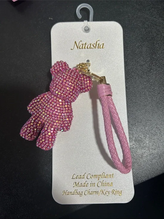 Natasha Couture Pink Crystal Teddy Bear Keychain with Gold Hardware