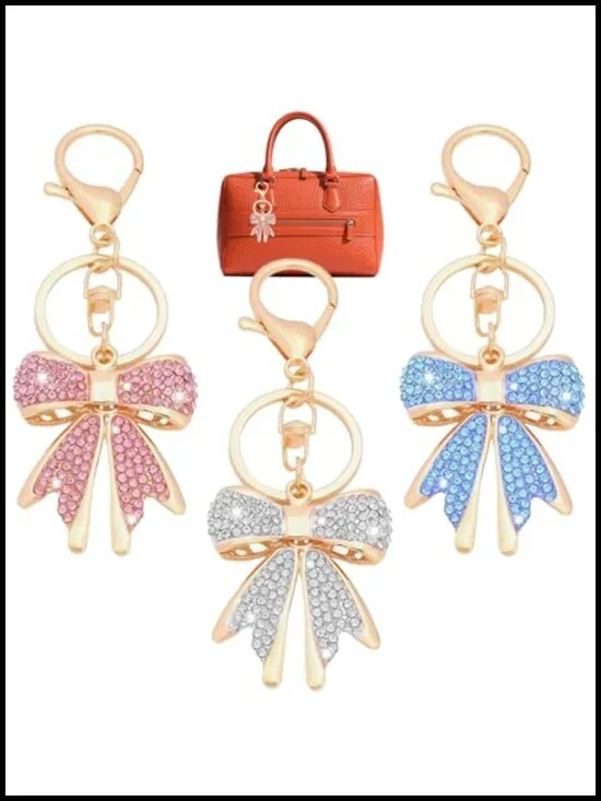 Set of 3 Rhinestone Bow Keychains with Gold Tone - Cute Purse Charm Accessory