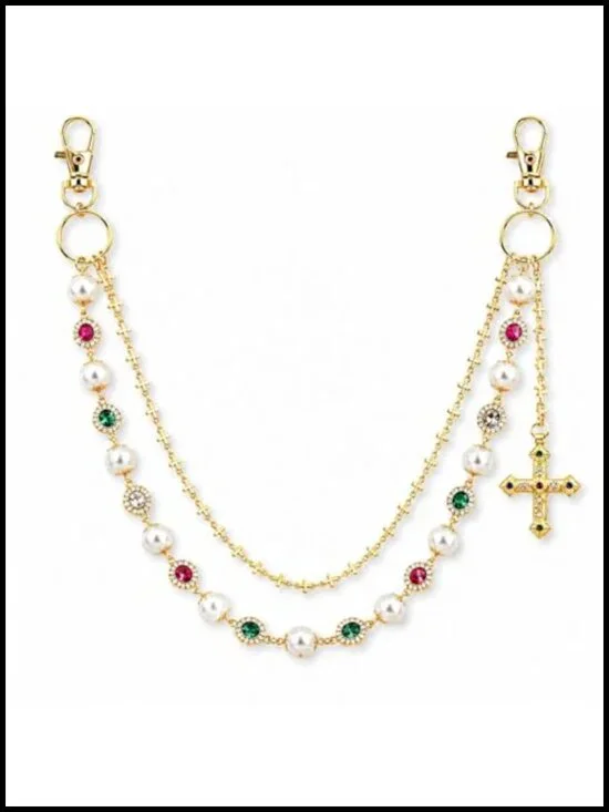 Layered Pearl Wallet Chain with Cross Charm, Purse Keychain