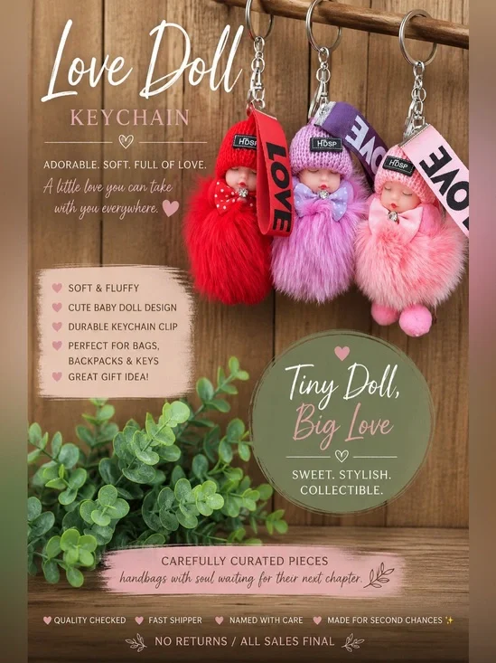 Love Doll Keychain - Barbie Pink, Lilac, Red Fluffy Baby Doll Keyrings, Love Tag