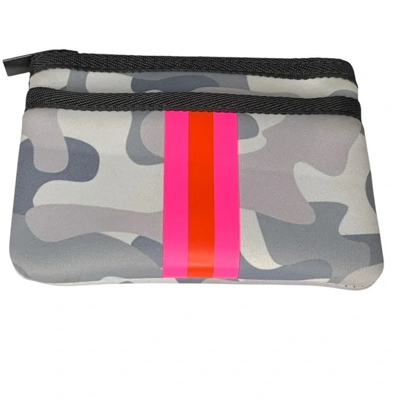 Haute Shore neoprene card keychain‎ case in gray camo and neon pink.