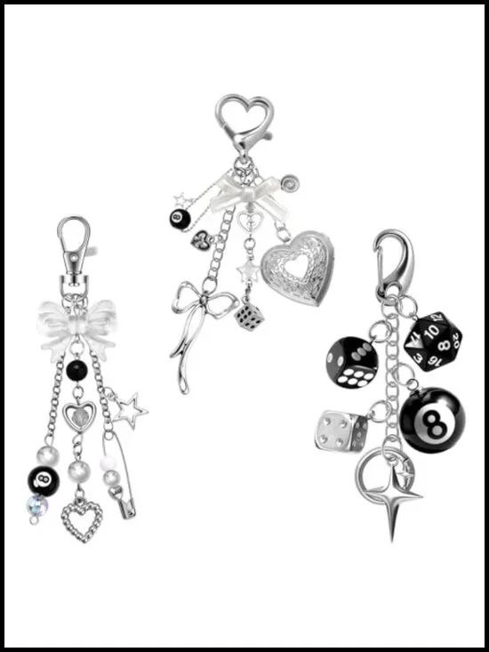 Y2K Goth Bag Charm Keychain Set - 8 Ball, Dice & Bow Charms for Purse
