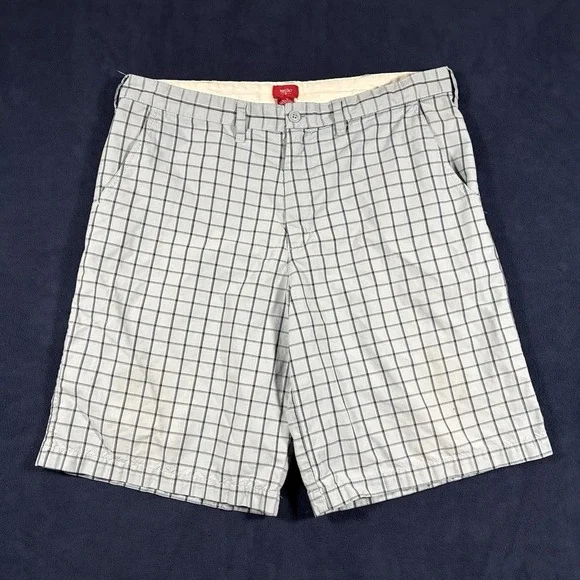VTG Y2K Mossimo Plaid Men Shorts 38 Gray Blue Lion Crest Flat Front Chino Baggy